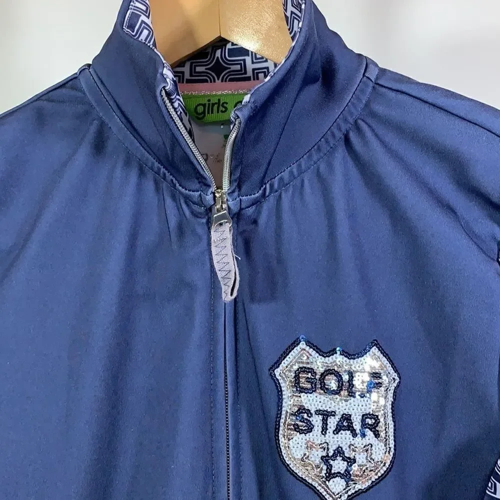 GIRLS GOLF Women’s ‘Golf Star’ Sequin Detail Zip Up Jacket Blue Size Small